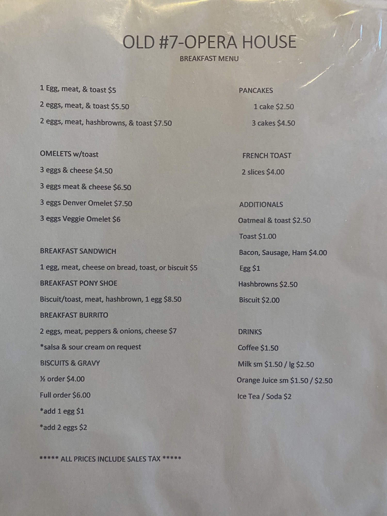 Palmyra Opera House & Old No. 7 Saloon Menu