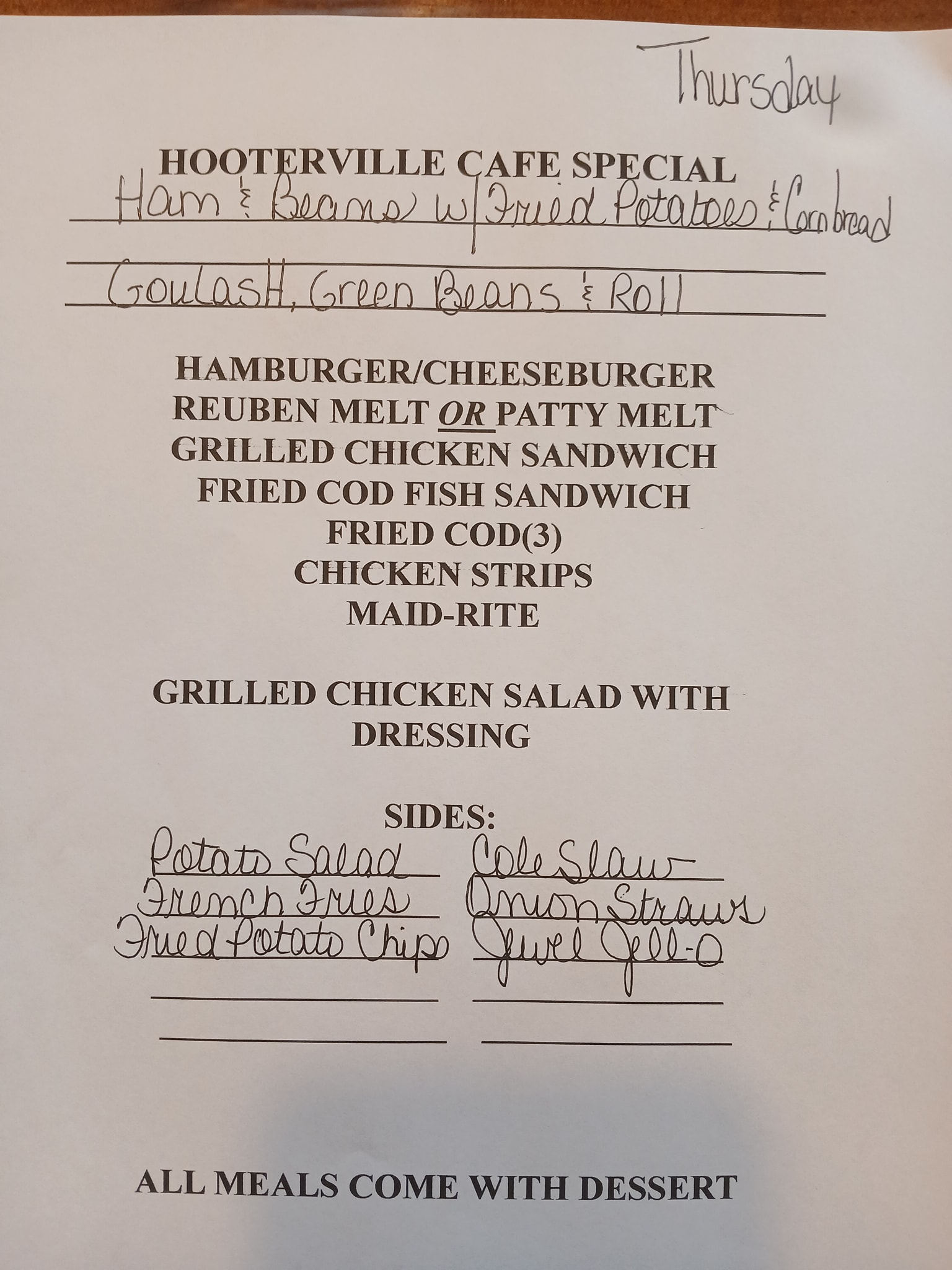 The Hooterville Cafe Menu