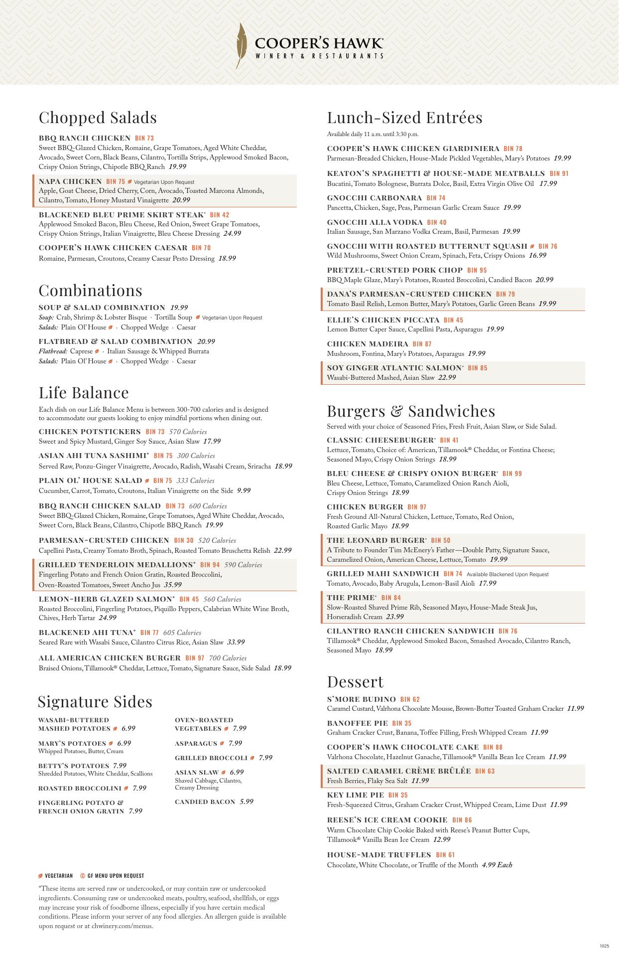 Cooper’s Hawk Winery & Restaurant Menu