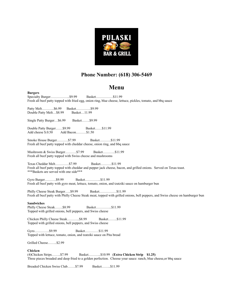 Pulaski Bar & Grill Menu