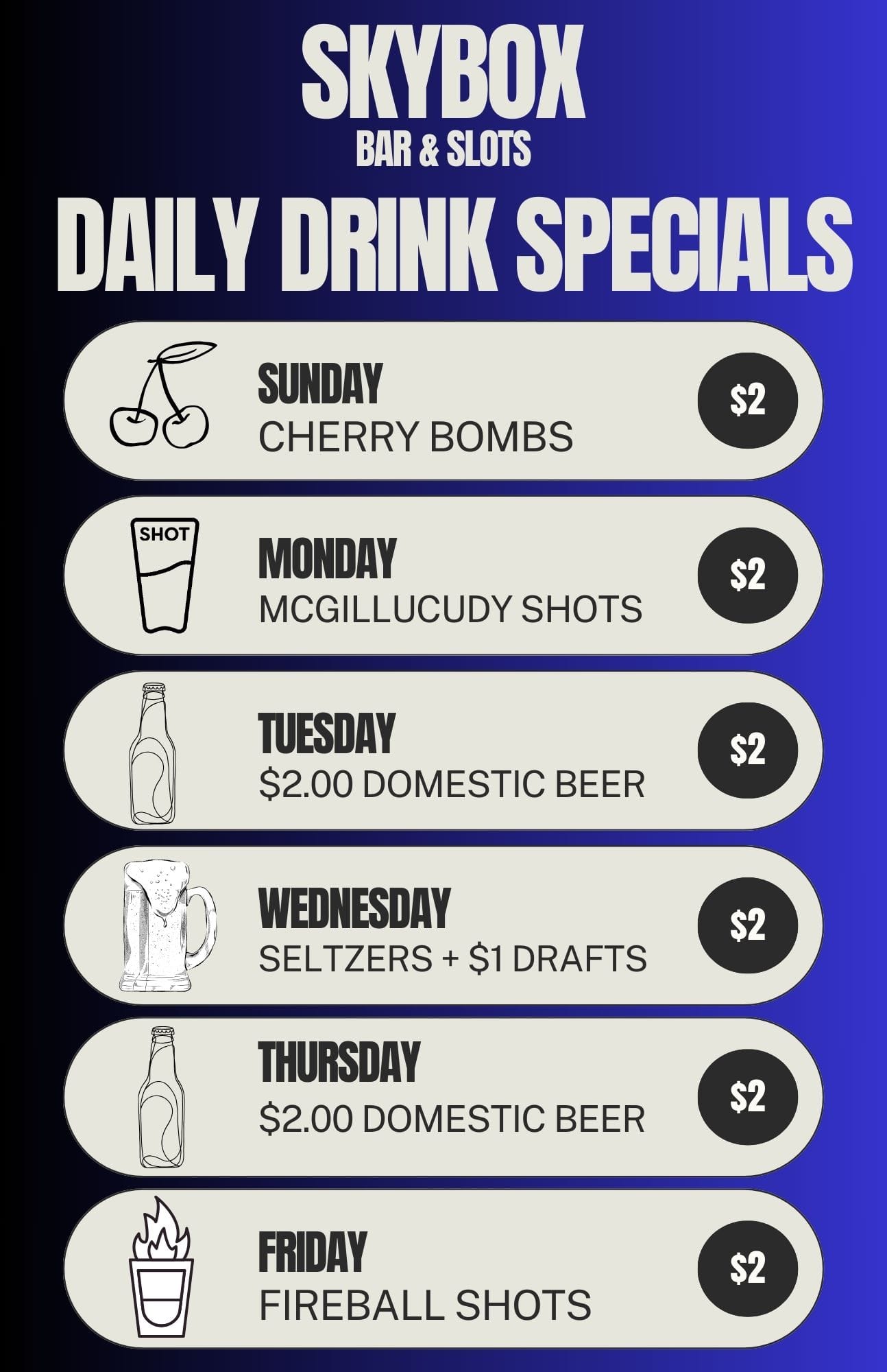 Skybox Sports Bar Menu