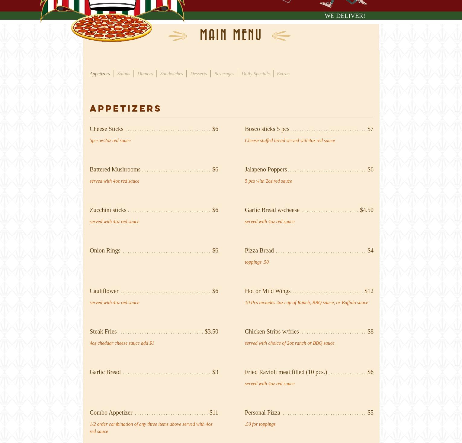 Primo's Pizza Menu