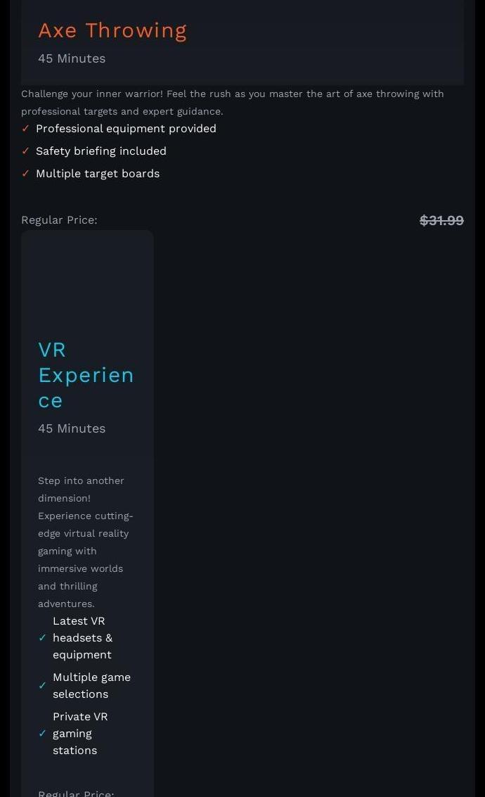 Axeclusive Axe Throwing & VR Lounge Menu