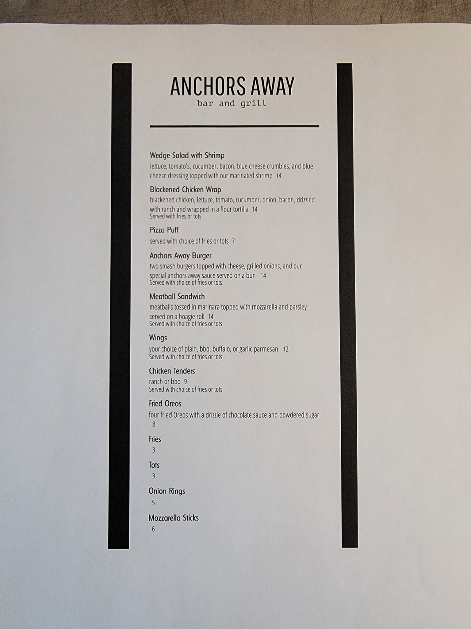 Anchors Away Bar & Grill Menu