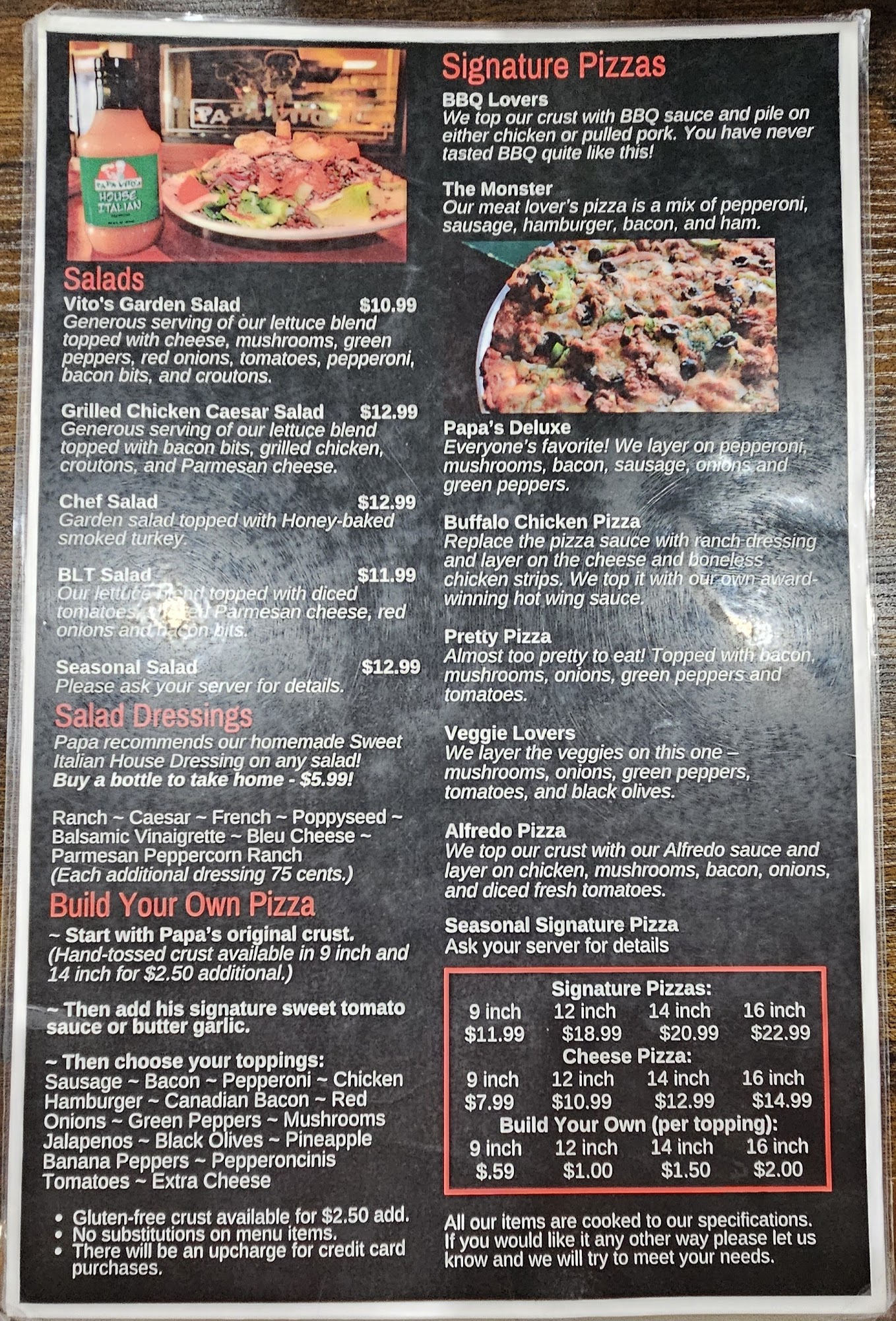 Papa Vito’s Pizza Menu