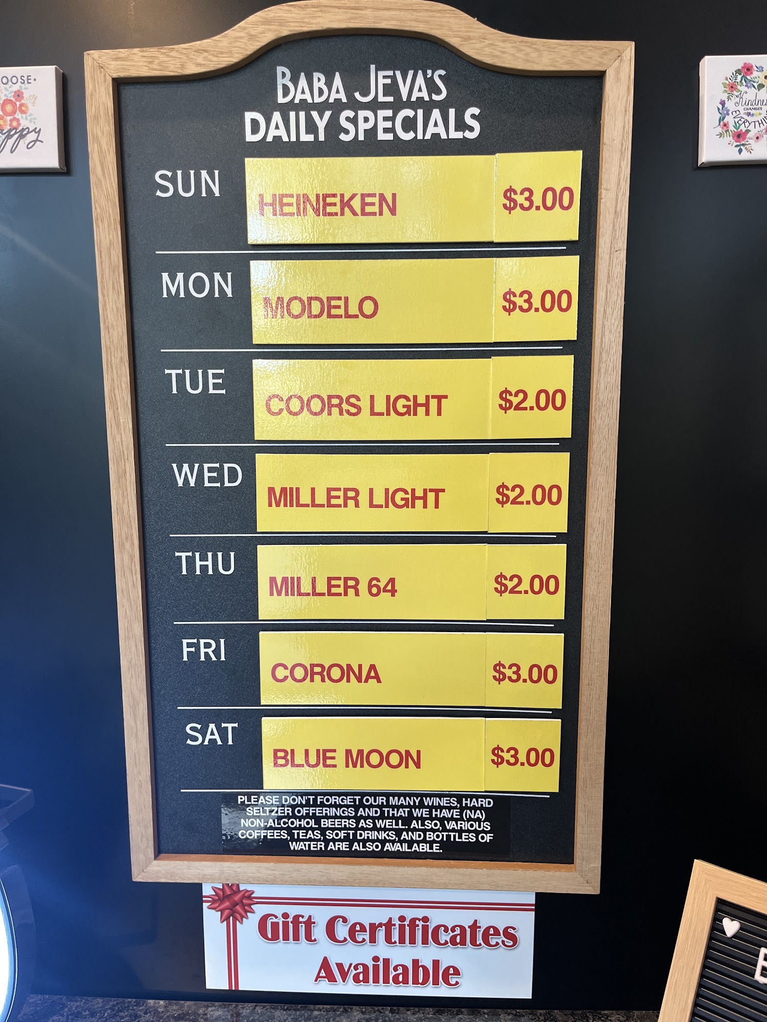 Baba Jeva's Gaming Food & Spirits, Ltd. Menu