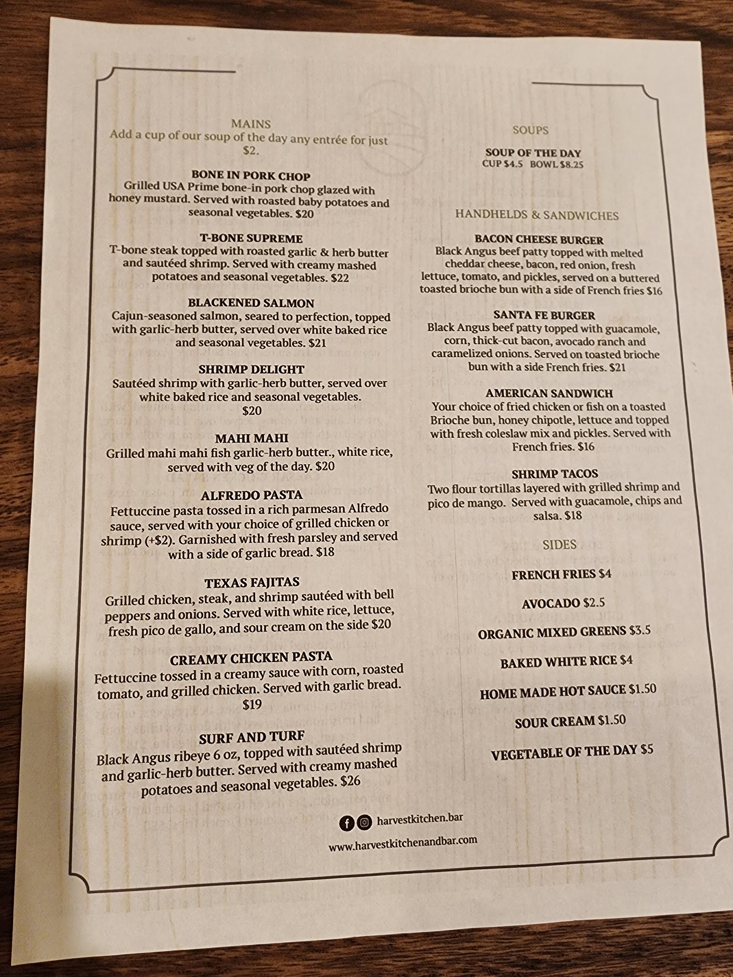 Harvest Kitchen + Bar Menu
