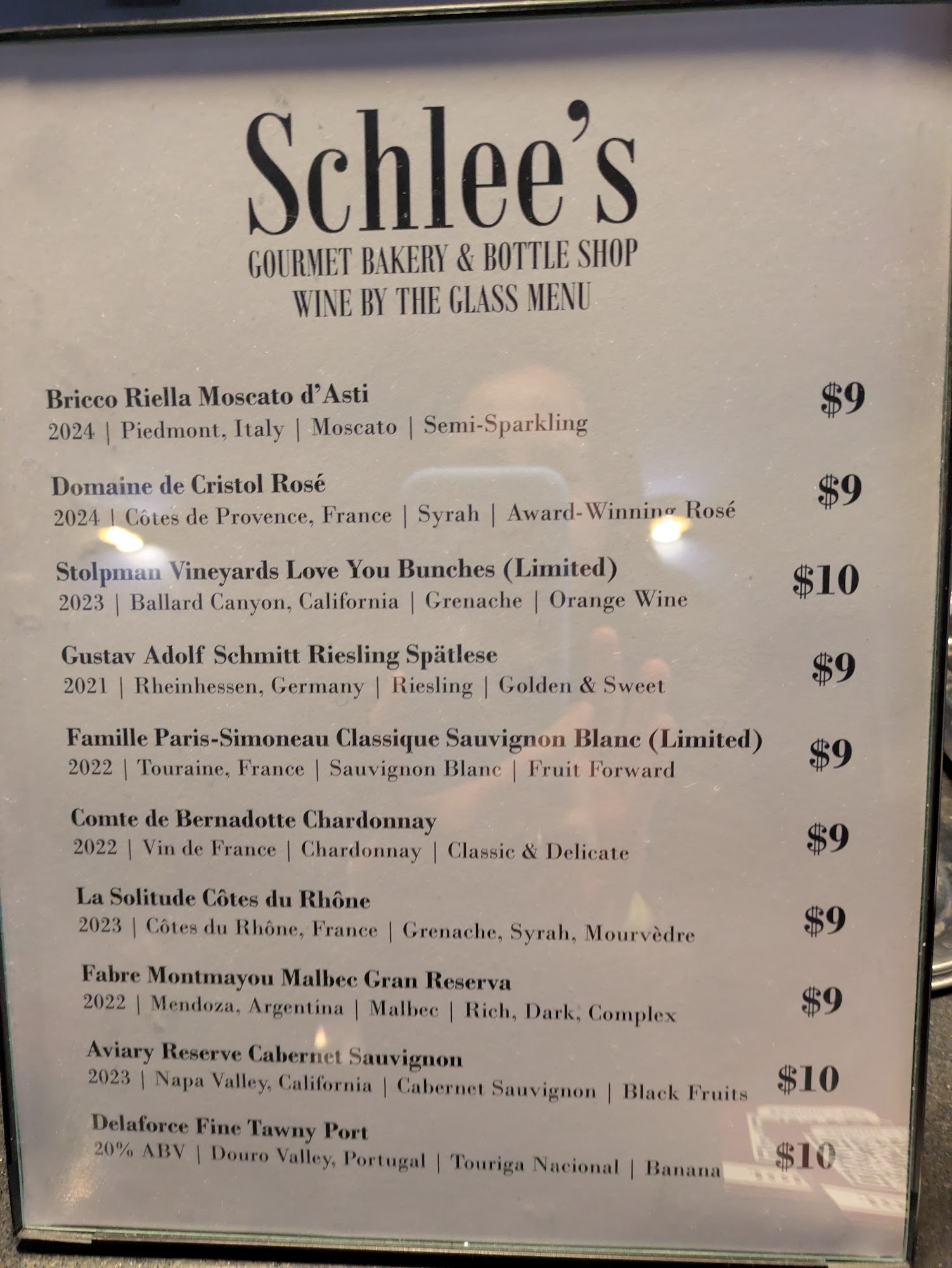 Schlee’s Gourmet Bakery & Bottle Shop Menu