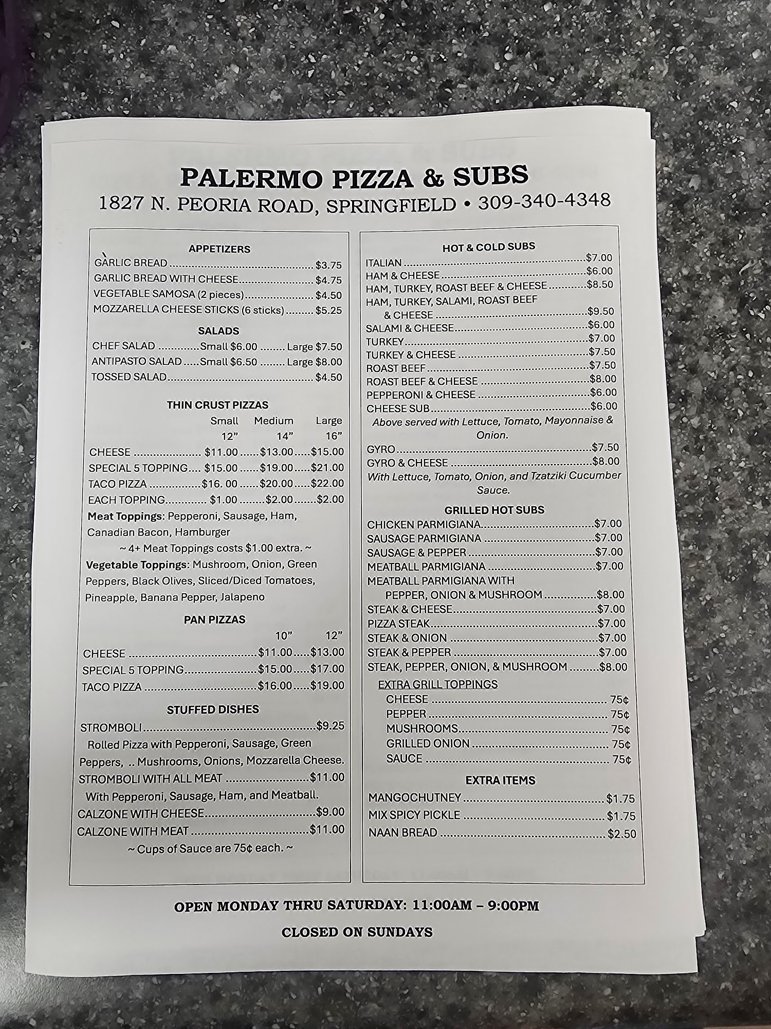 Palermo Pizza & Subs Menu