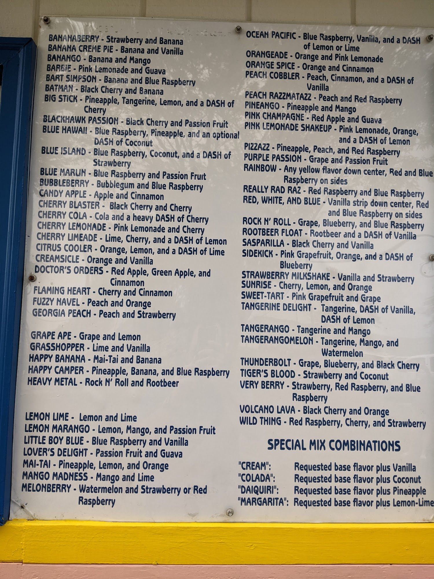 Tropical Sno Menu