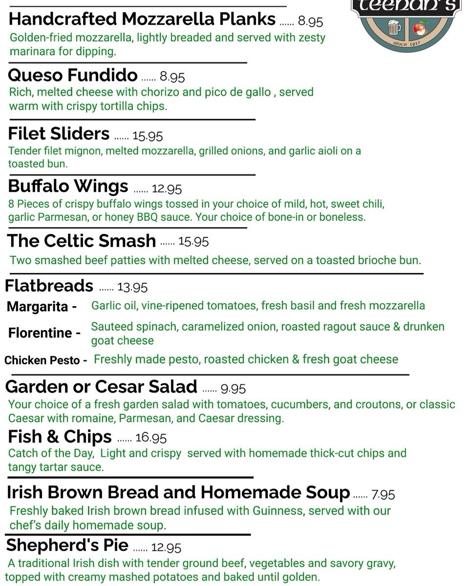 Teehan's Tavern Menu
