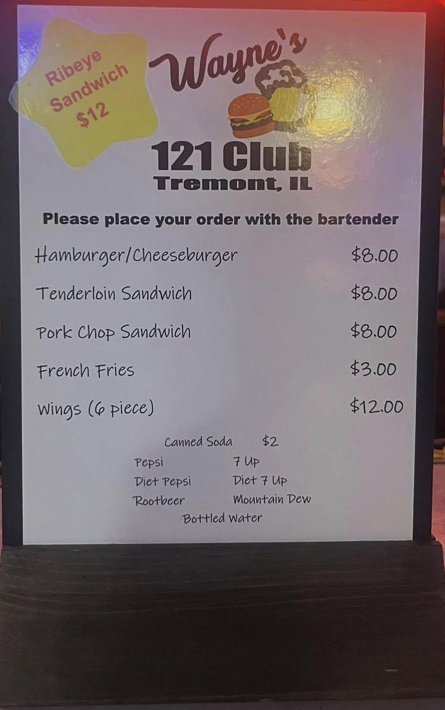 Wayne’s 121 club Menu