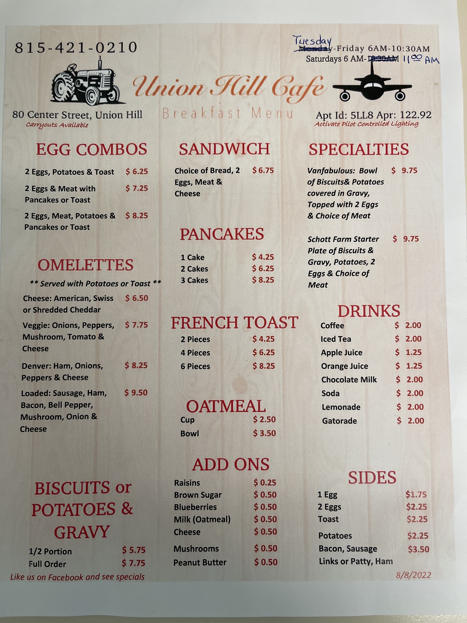 Union Hill Cafe Menu