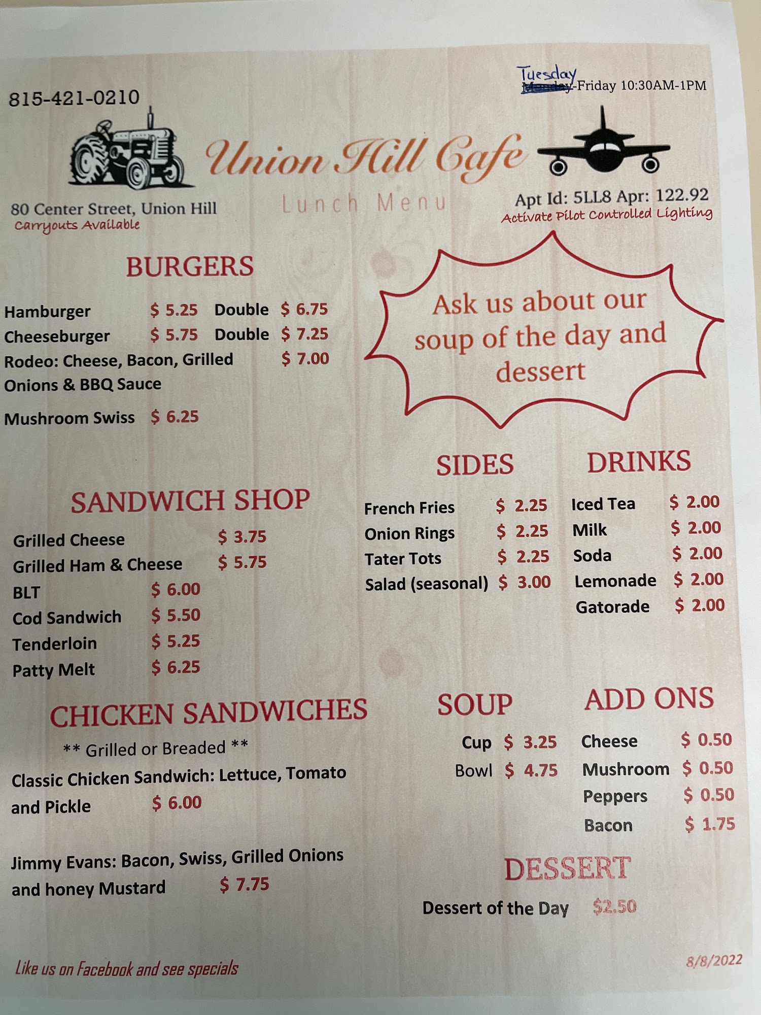 Union Hill Cafe Menu