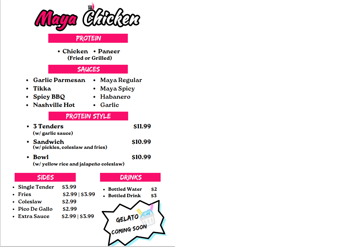 Maya Chicken Menu