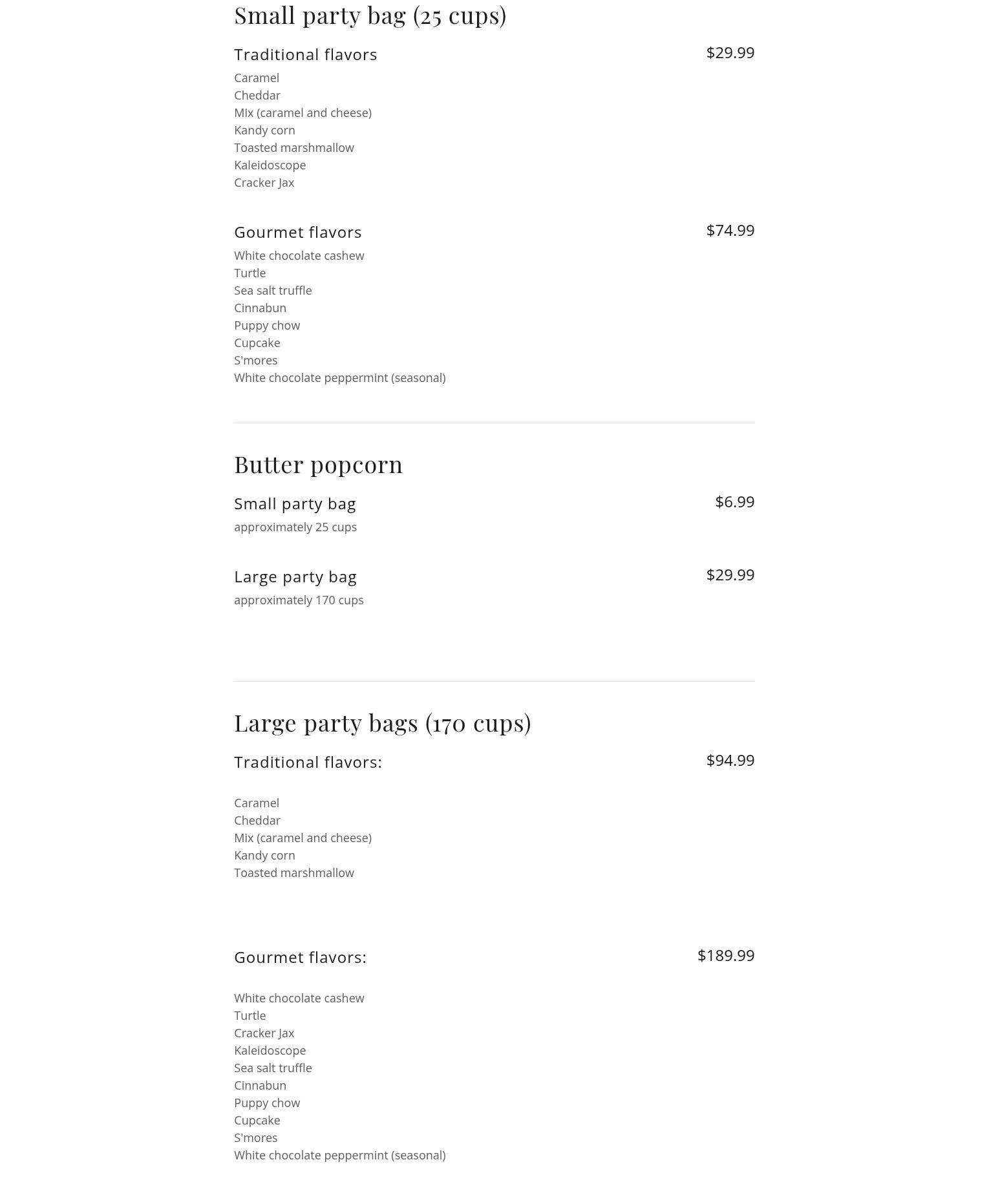 Holland's Caramel Corn Menu