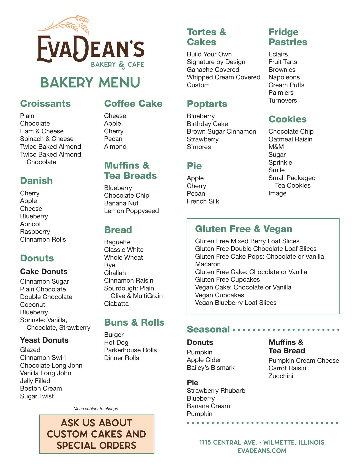 EvaDean's Bakery and Cafe Menu