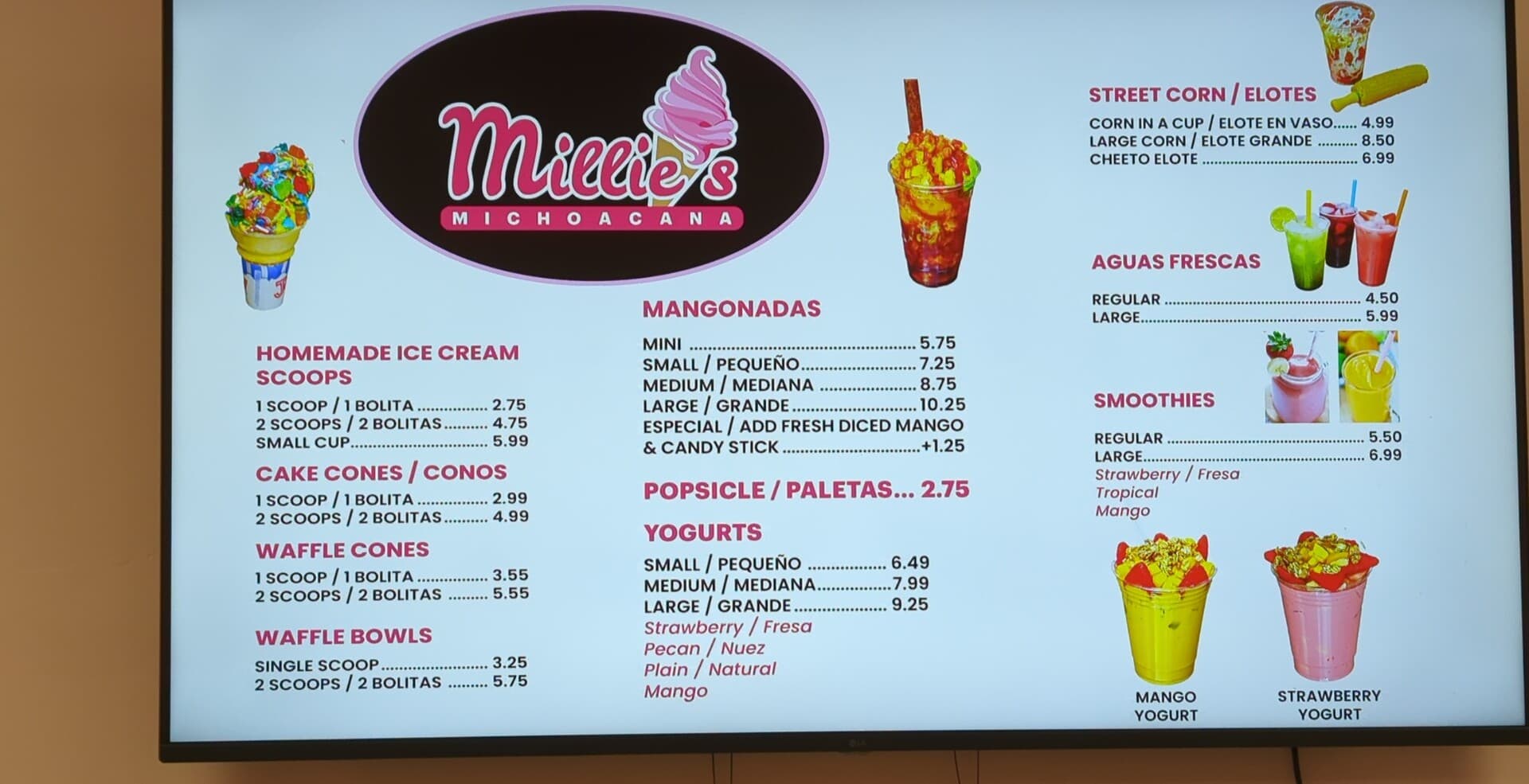 Millie’s Michoacana Menu