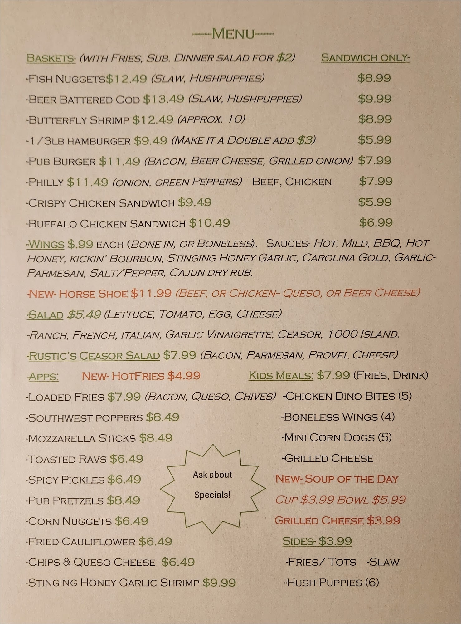 The Rustic Tavern & Grill Menu