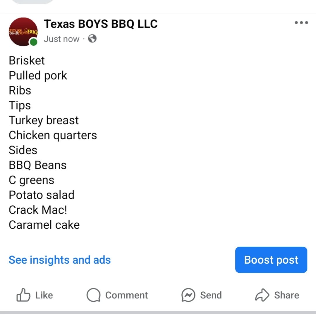 texas boys BBQ LLC Menu