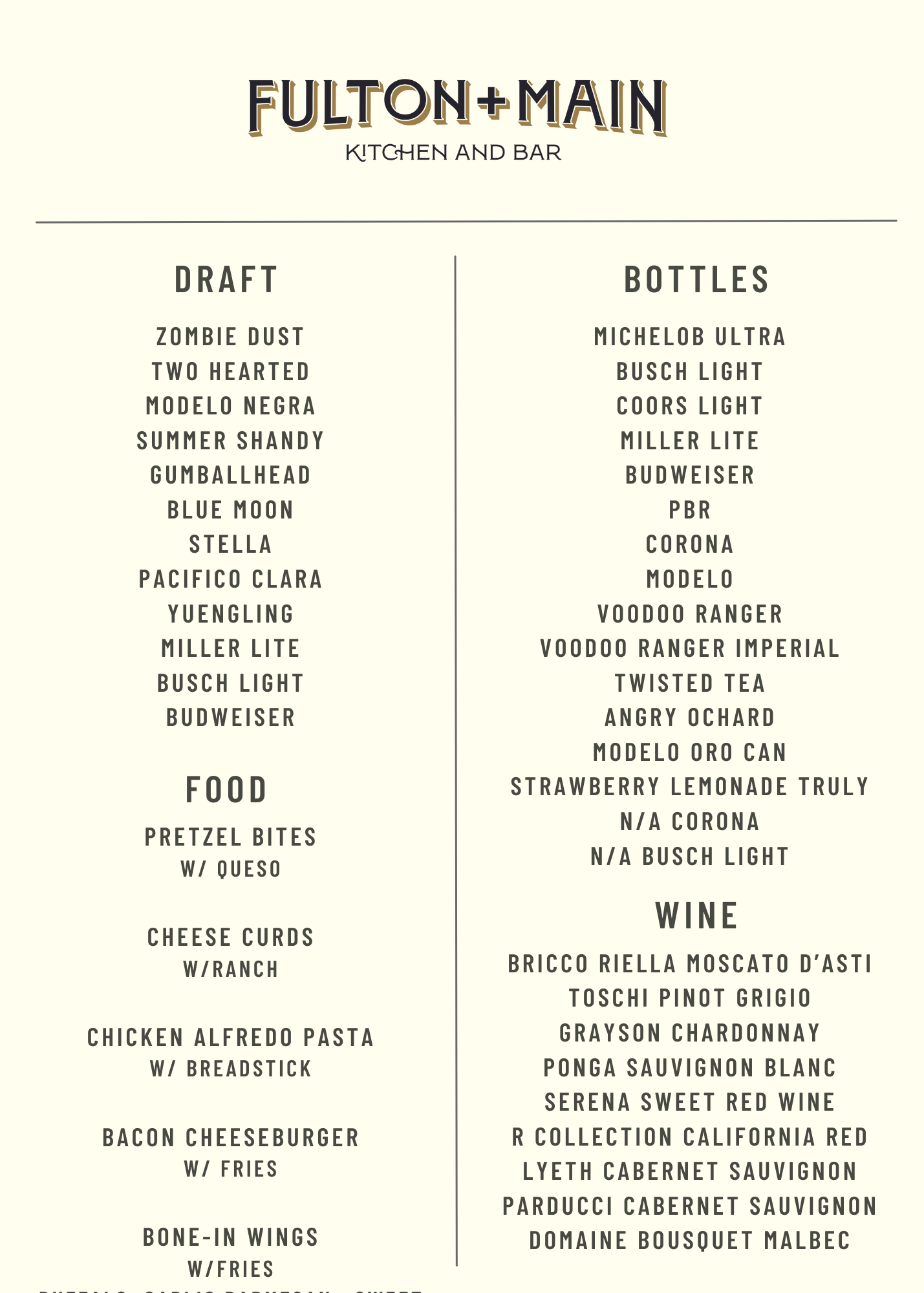 Fulton & Main Kitchen and Bar Menu