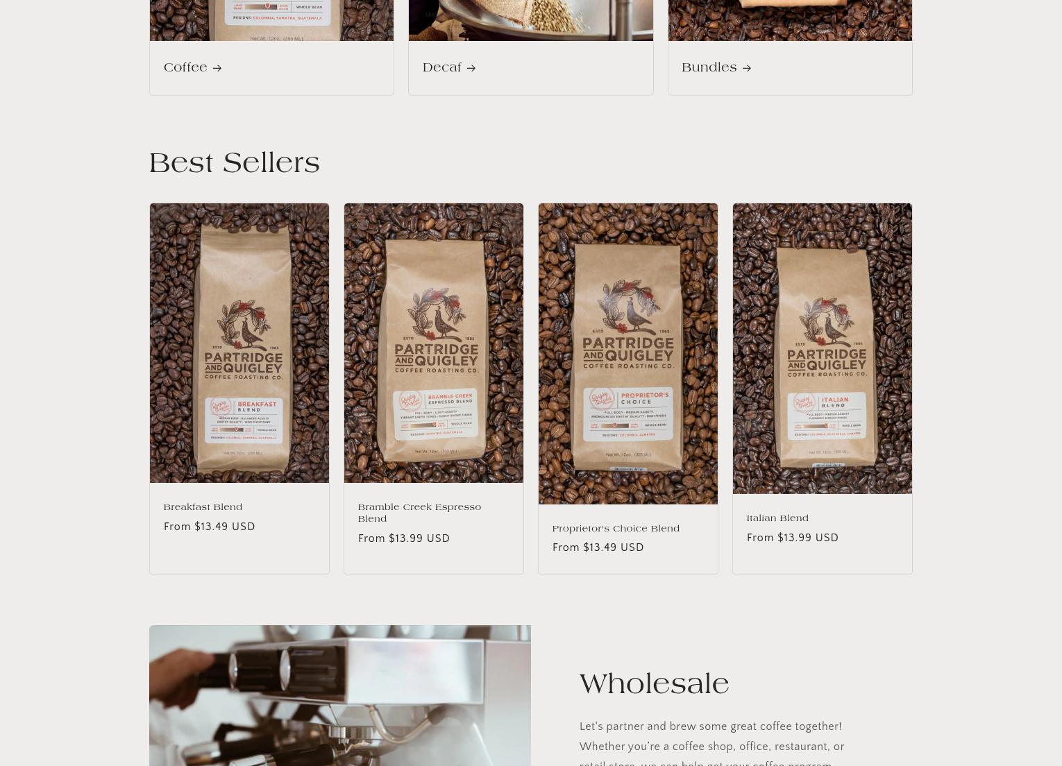 Partridge & Quigley Coffee Roasting Co Menu