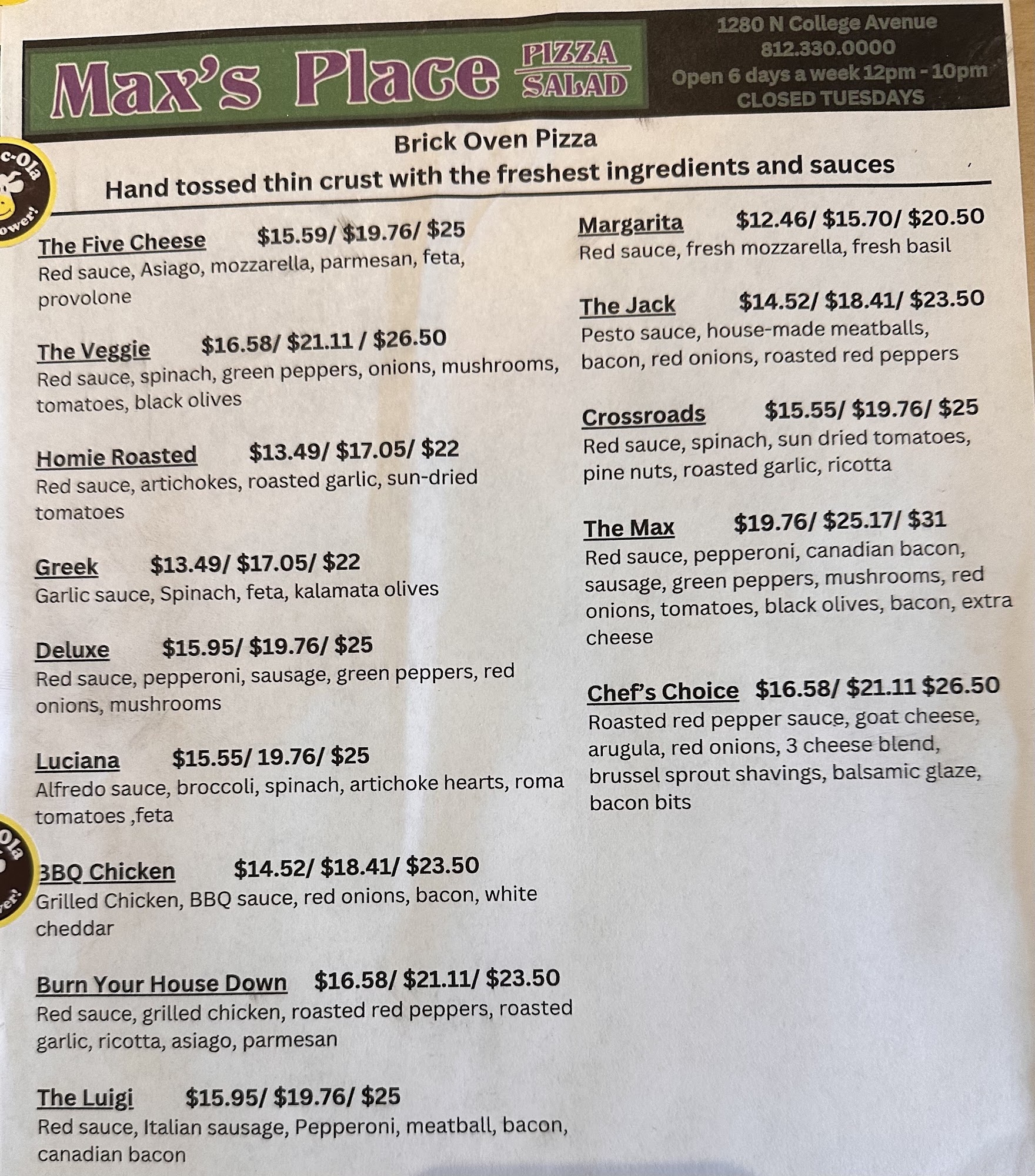 Max’s Place Menu