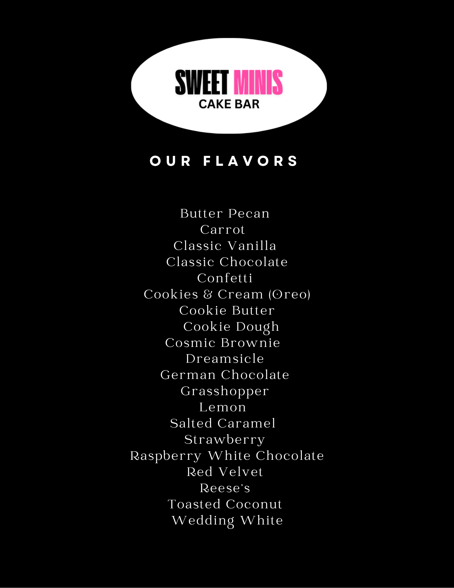 Sweet Minis Cakes & Bakes Menu