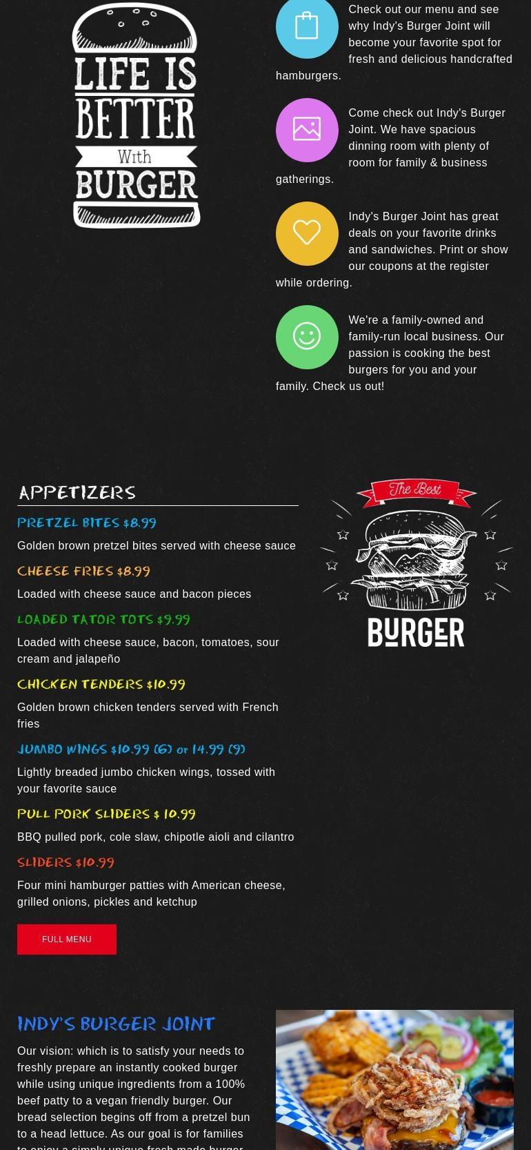 Indy’s burger joint (Camby ) Menu
