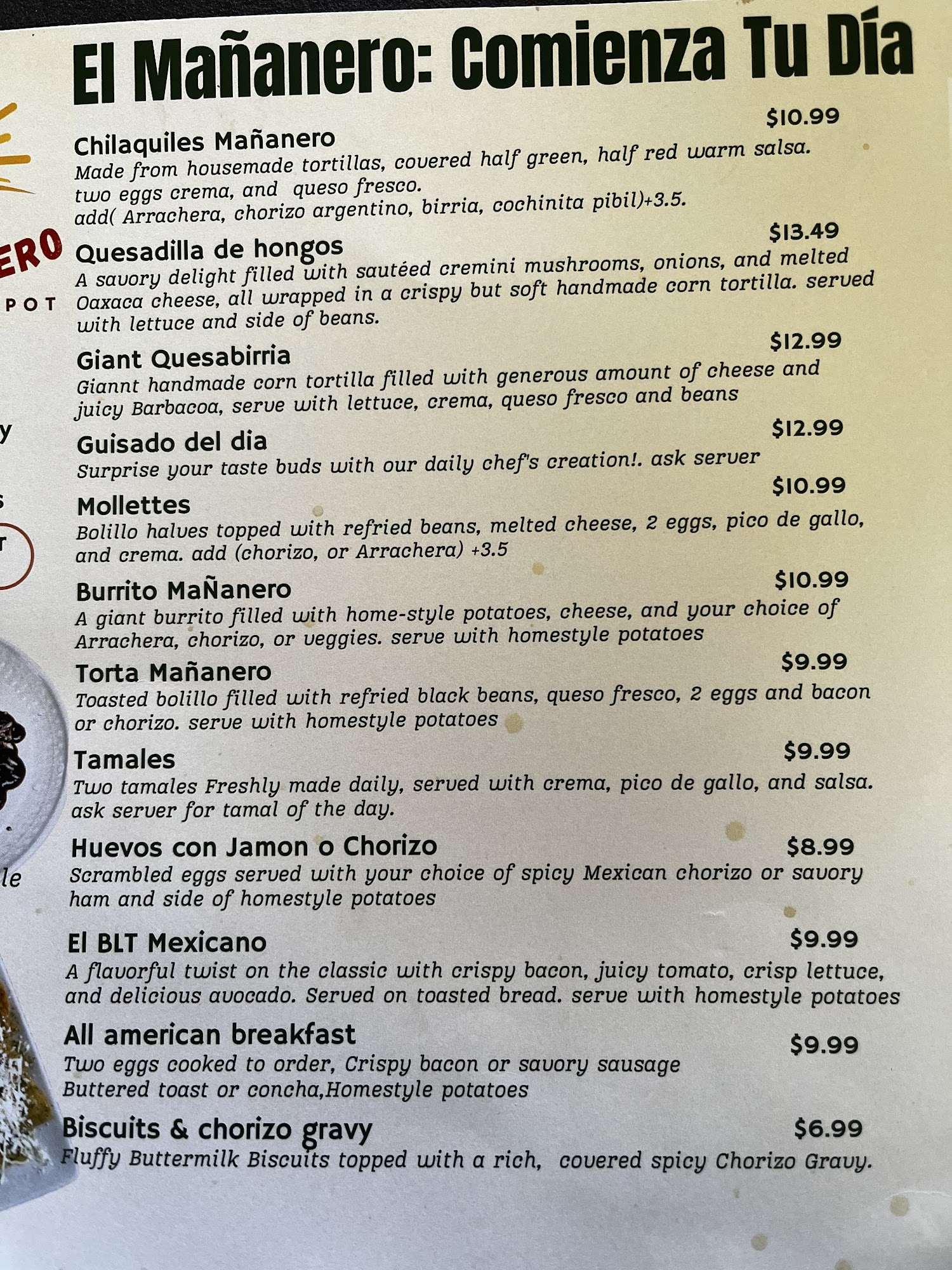 El Mañanero Breakfast Spot Menu