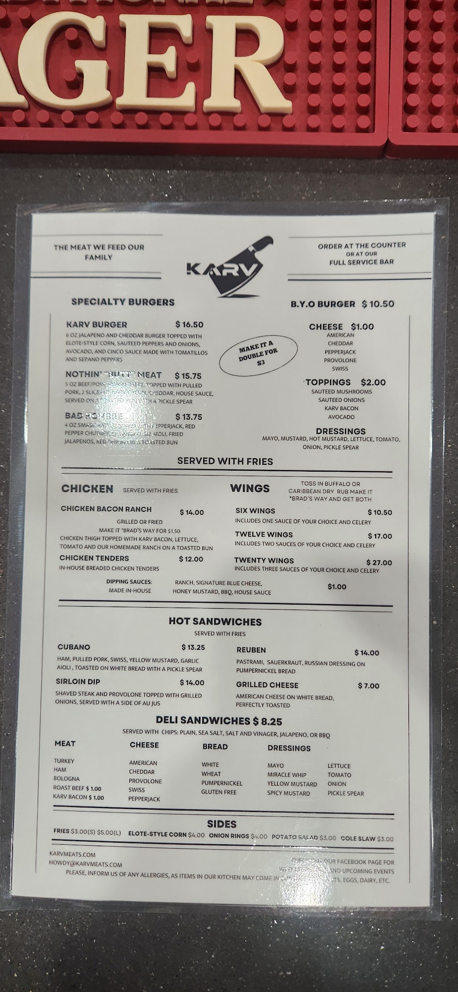 KARV Meats, LLC Menu