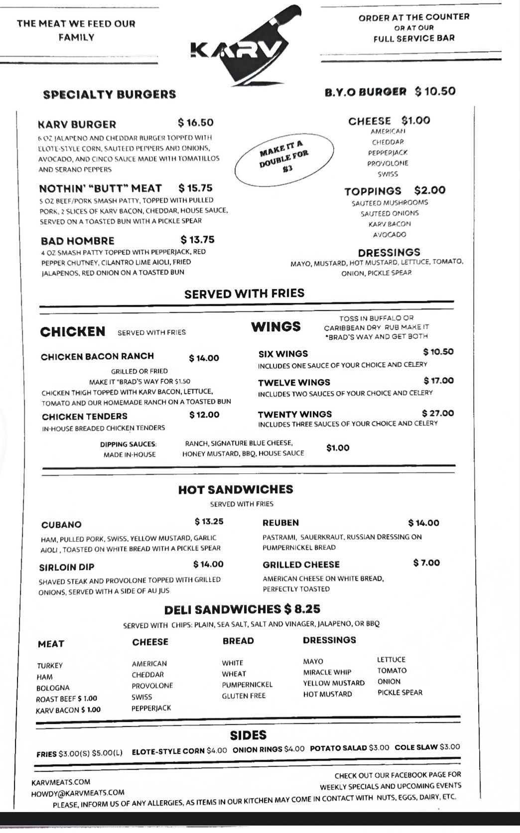 KARV Meats, LLC Menu