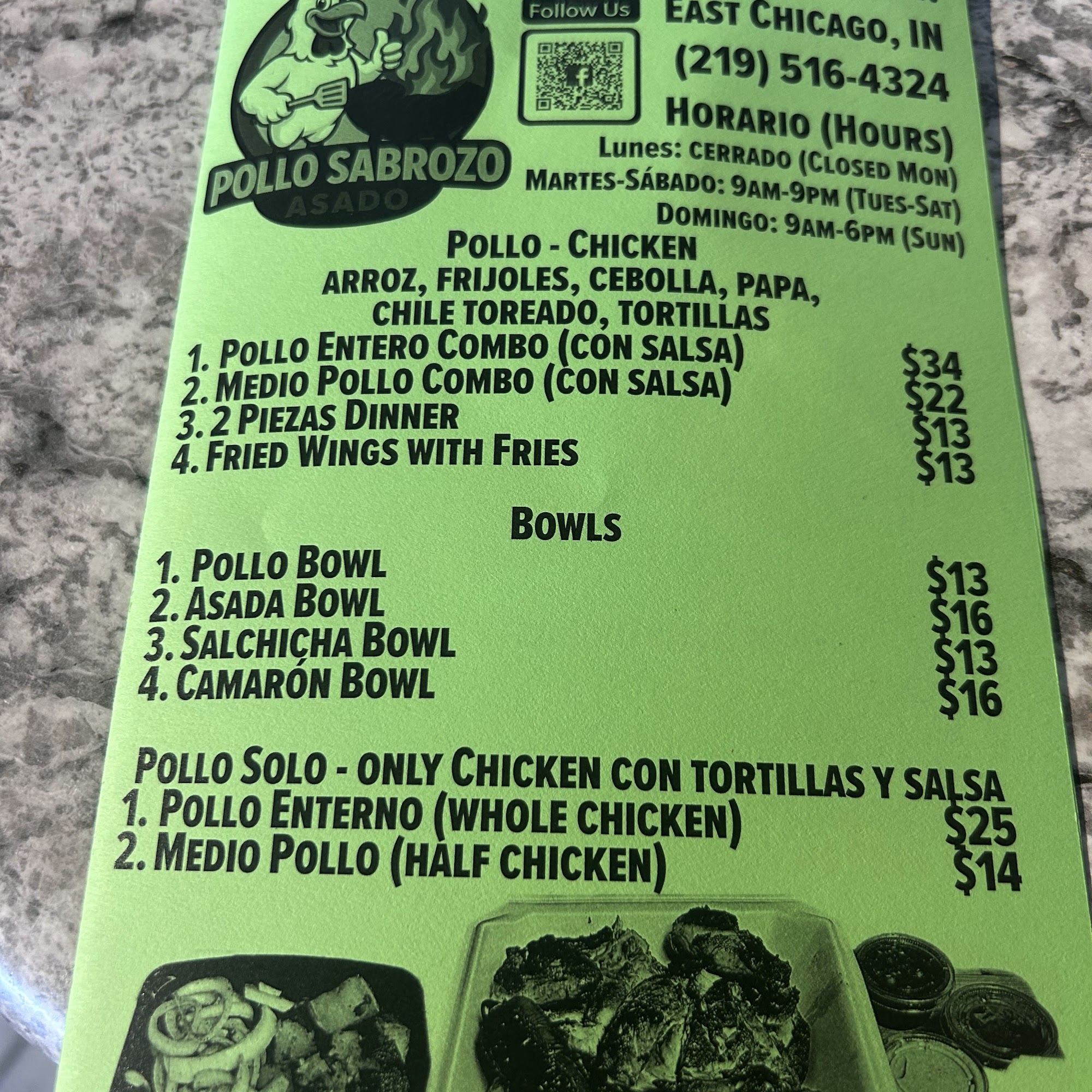 Pollo sabrozo asado Menu