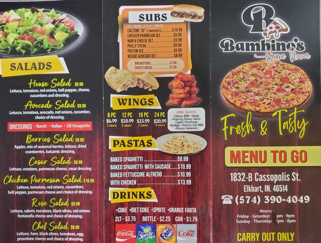 Bambino's Home Pizza Menu