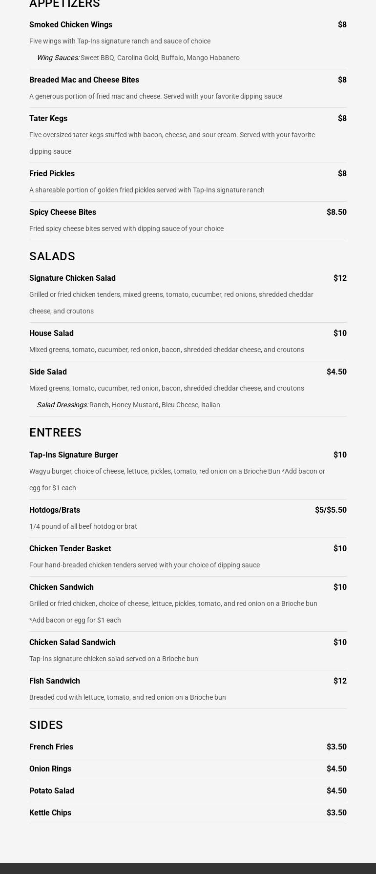 Tap-ins Bar & Grill Menu