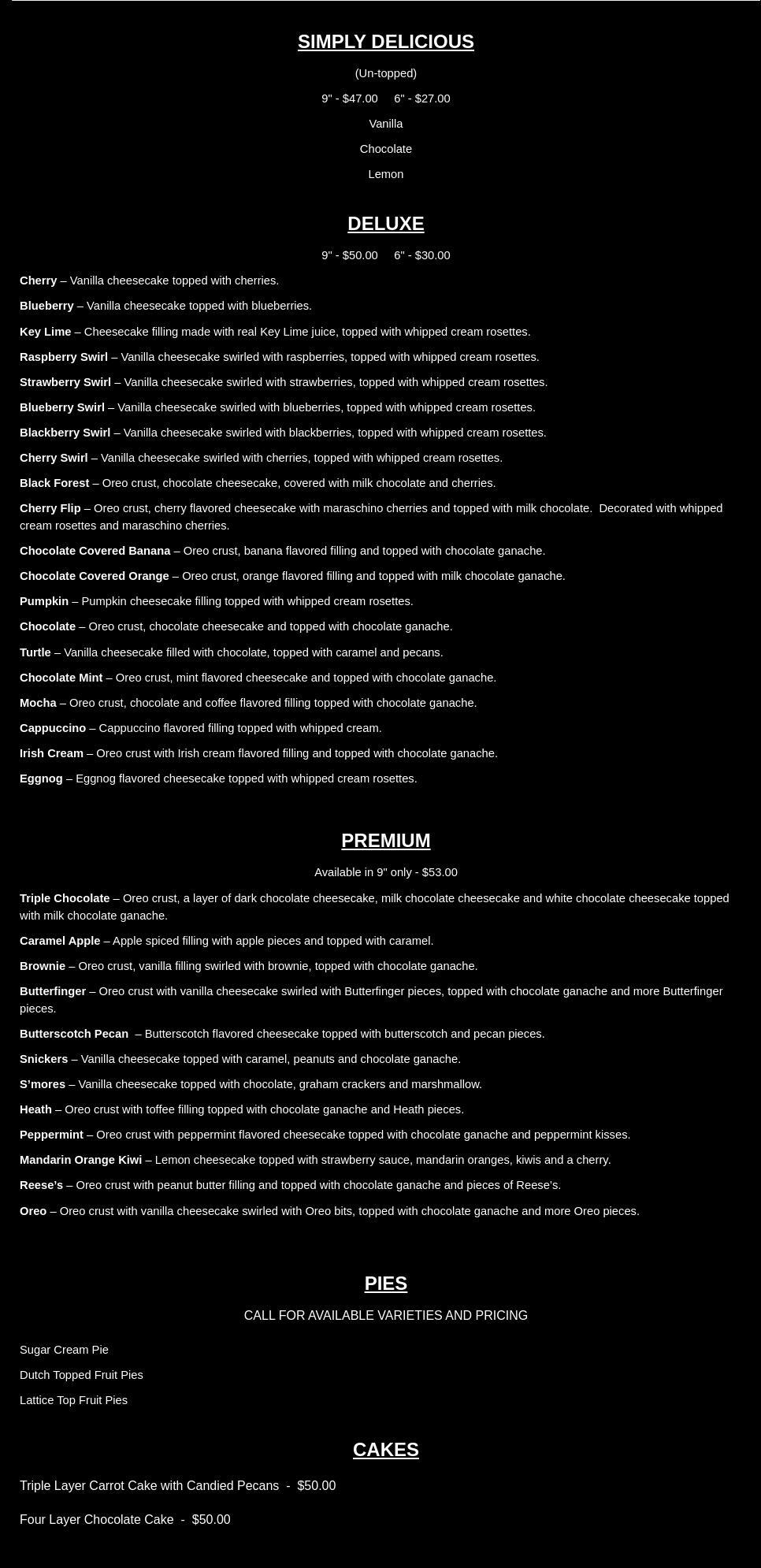 Purple Mountain Cheesecakes and Desserts Inc. Menu