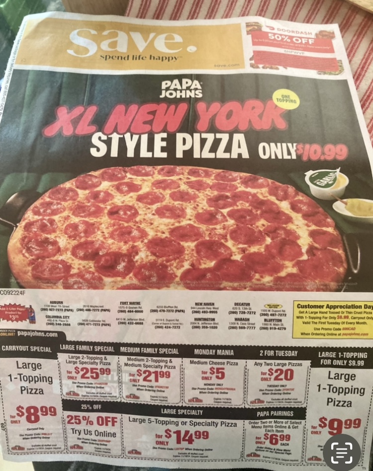 Papa Johns Pizza Menu