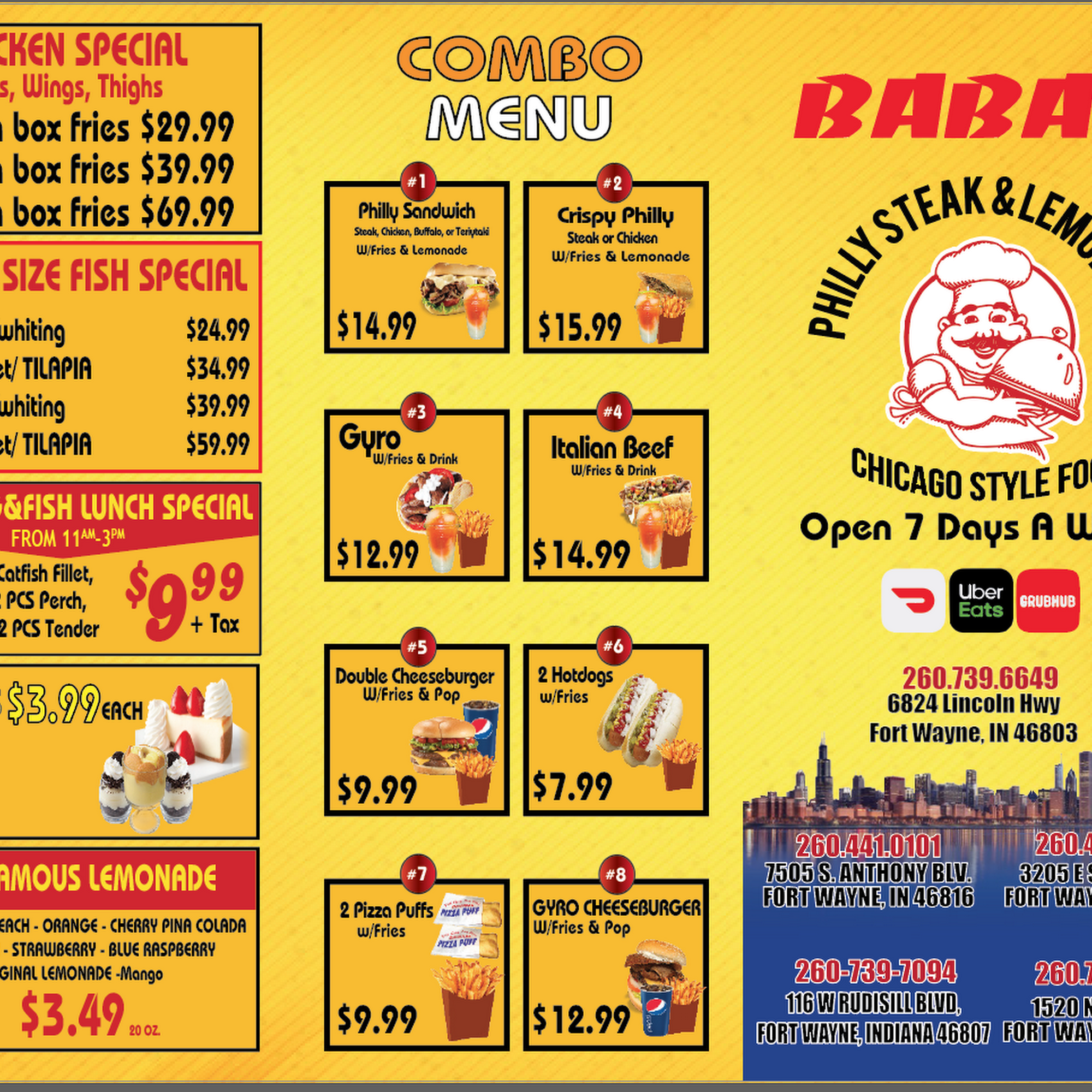 Baba’s steak and lemonade Menu