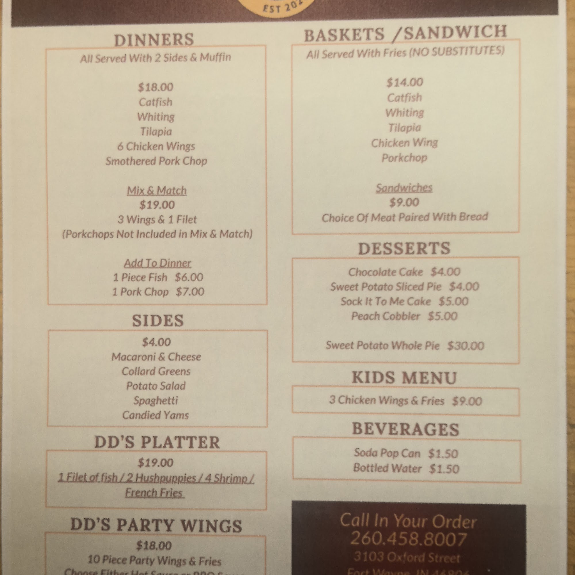 DD's Eatery Menu