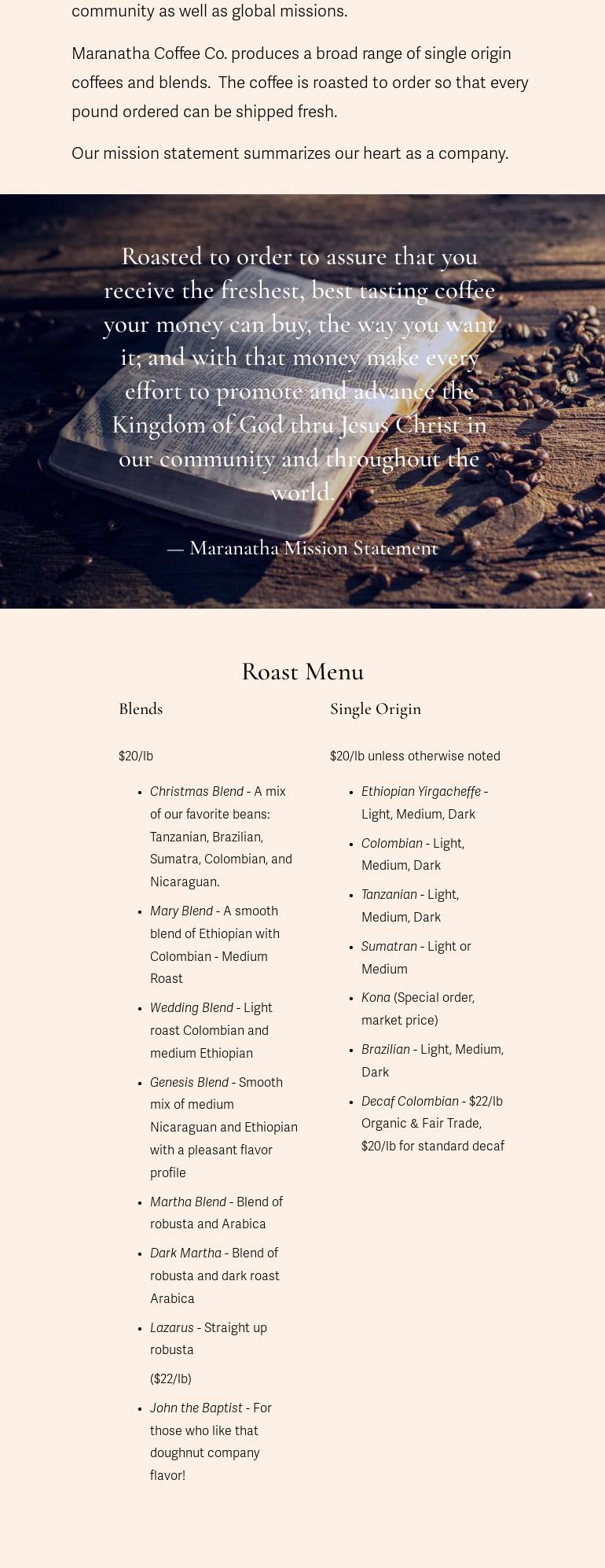 Maranatha Coffee Co. Menu