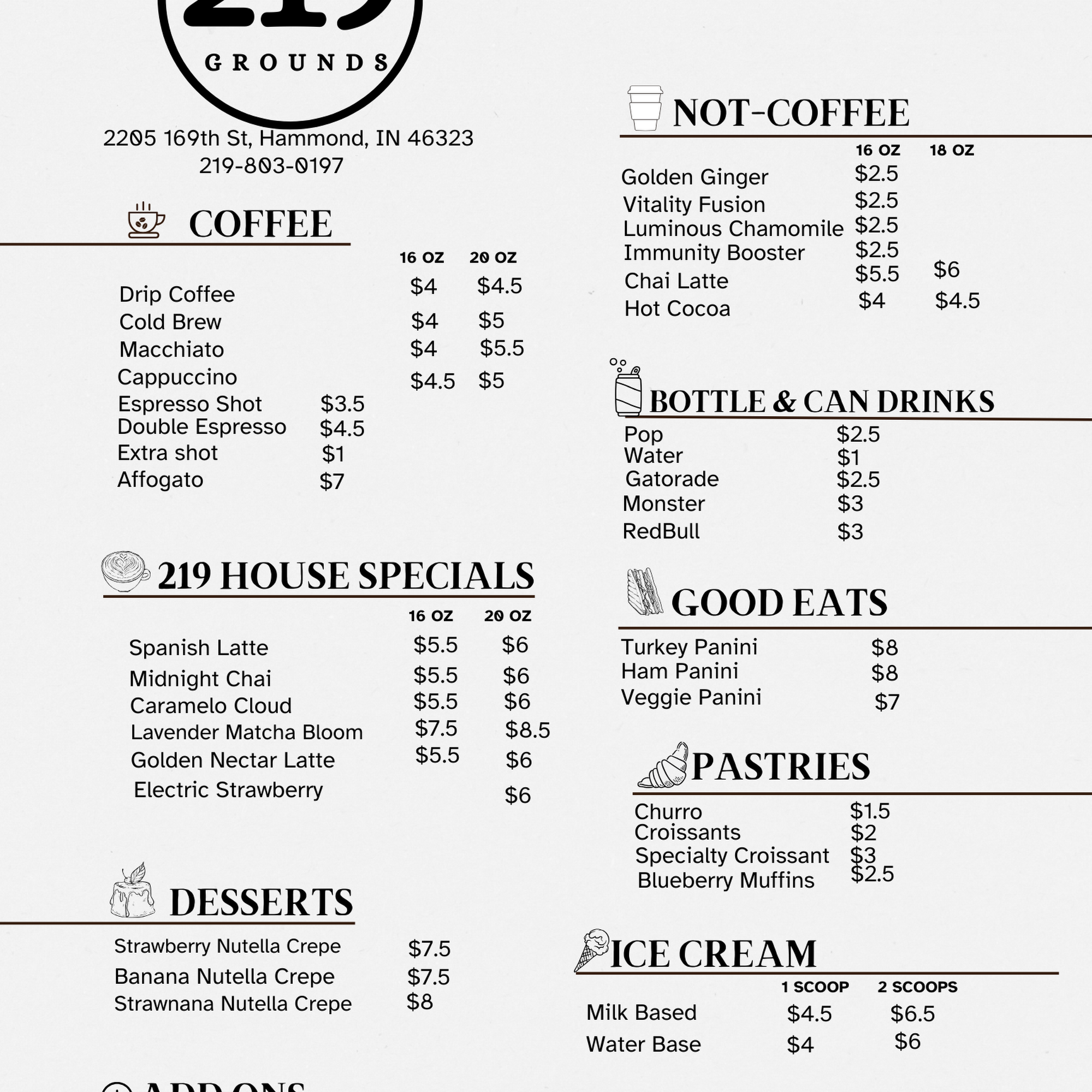 219 Grounds Menu