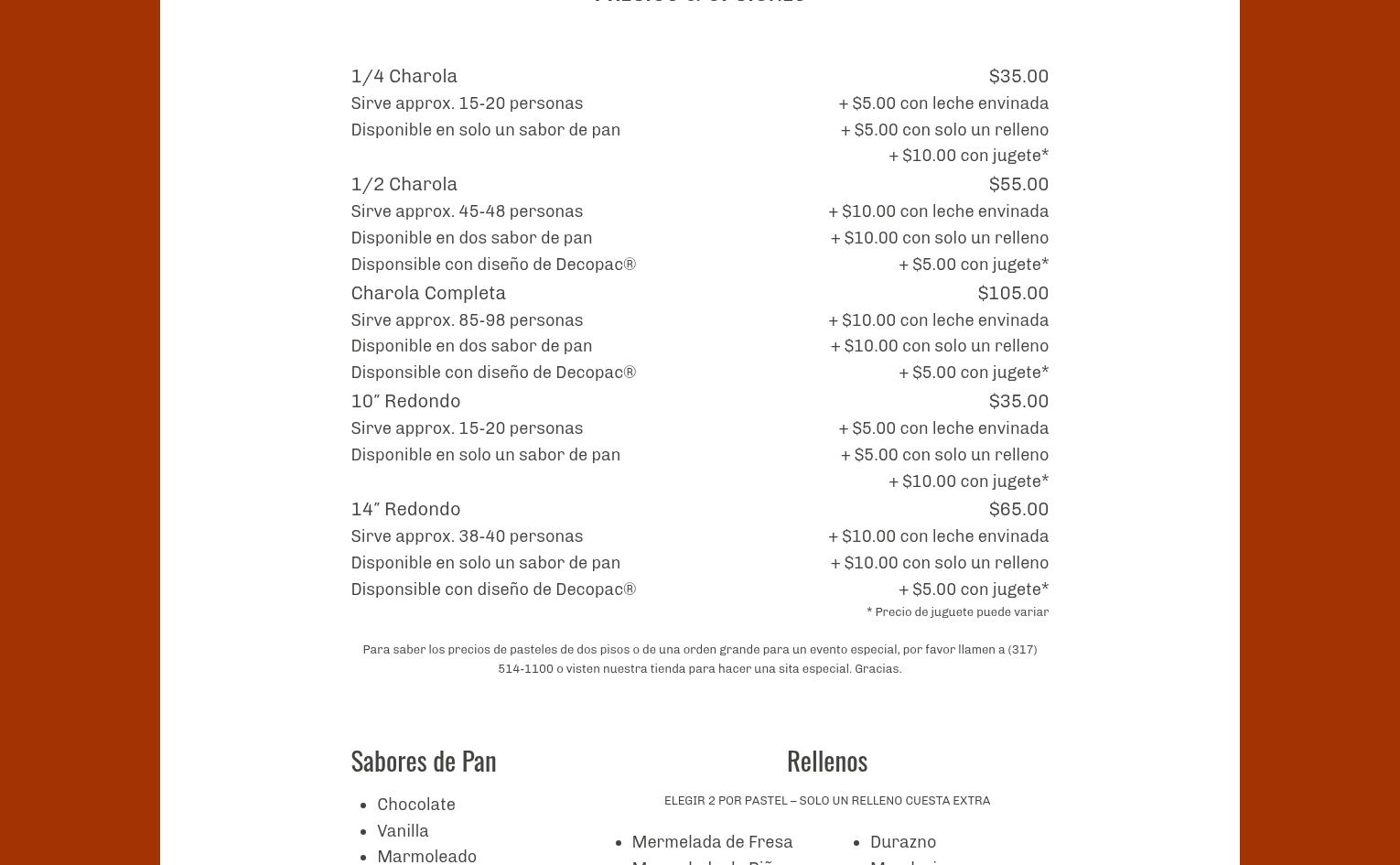 Panaderia y Reposteria Bianquita Menu