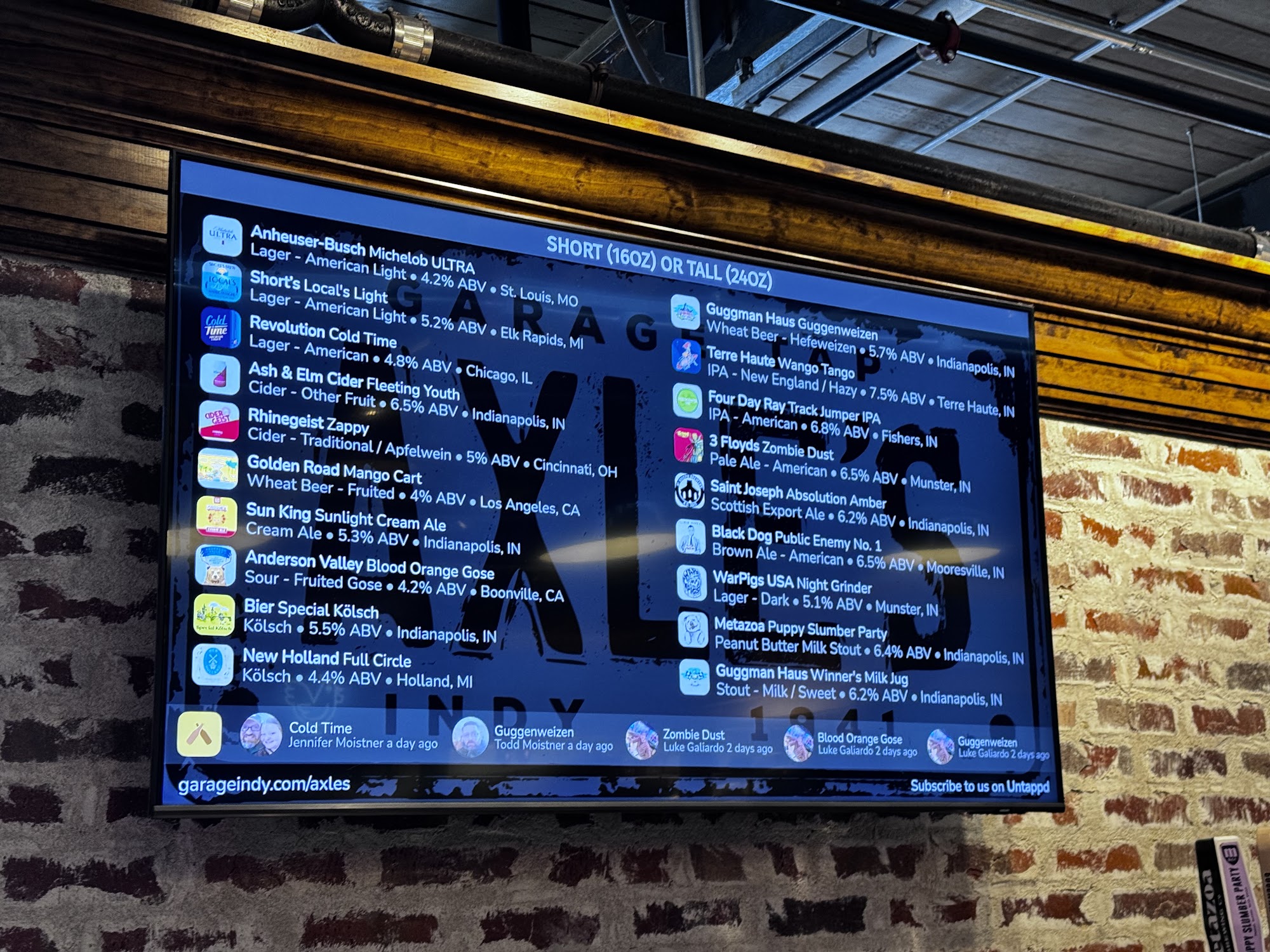 Axle's Garage Tap Menu