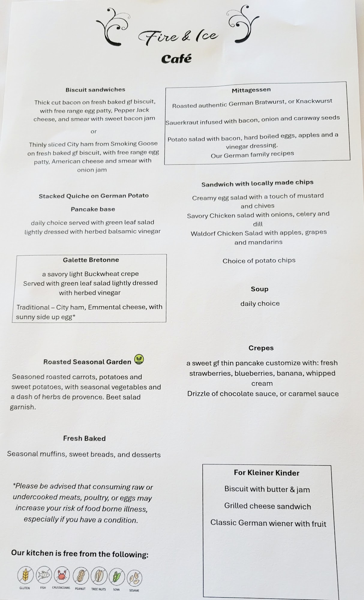 Fire & Ice Café Menu