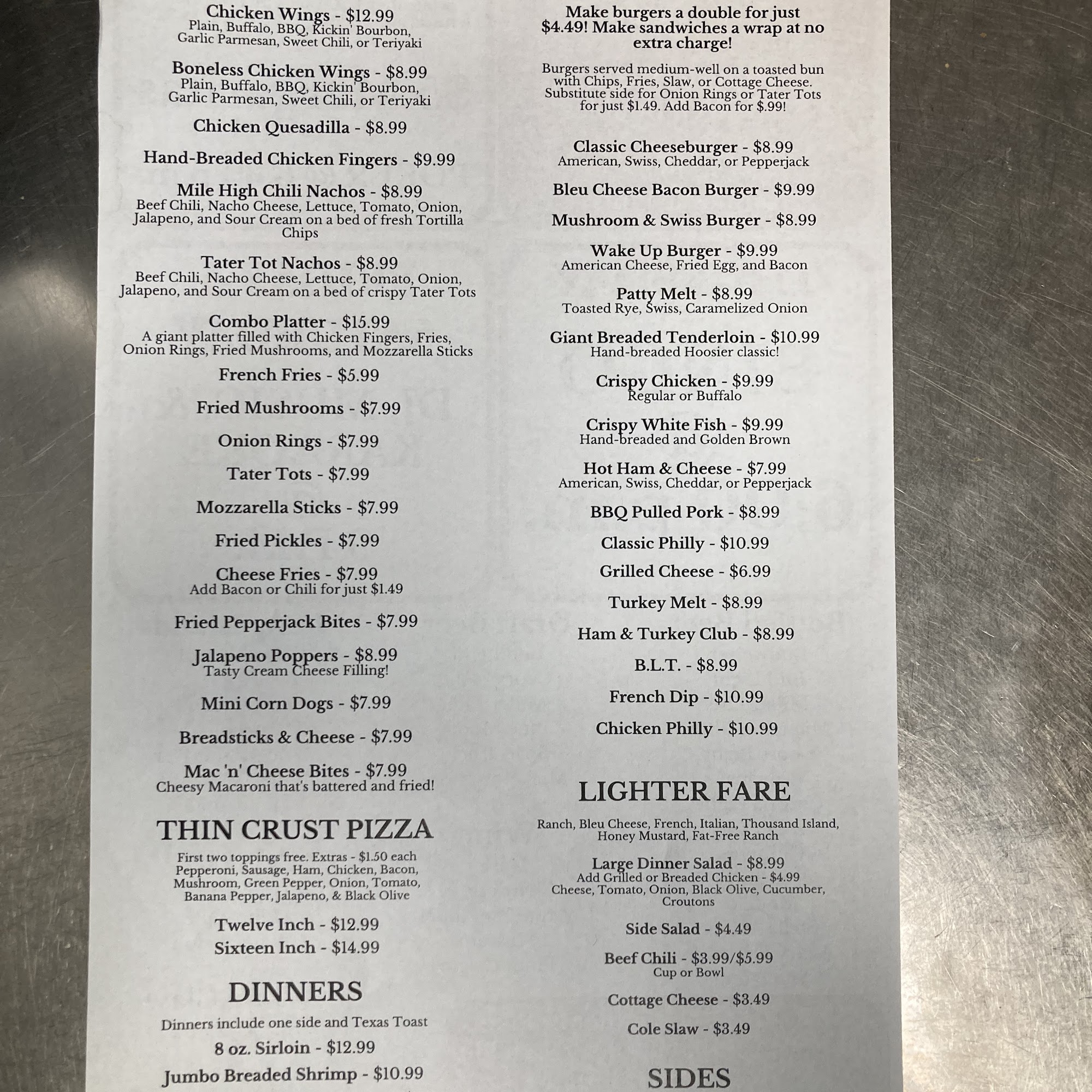 Shady's Pub & Eatery Menu
