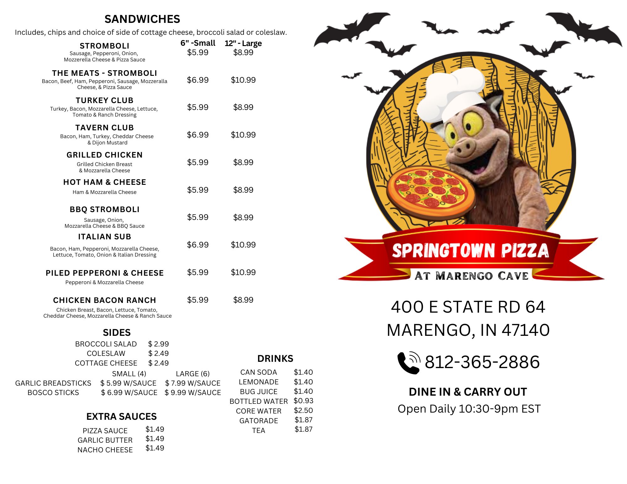Springtown Pizza at Marengo Cave Menu