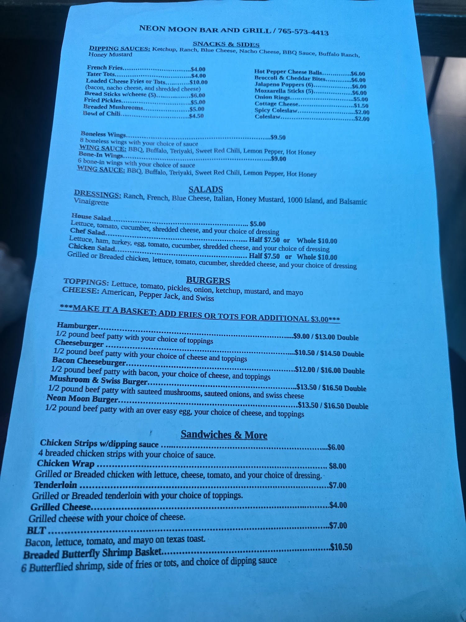 Neon Moon Bar and Grill Menu