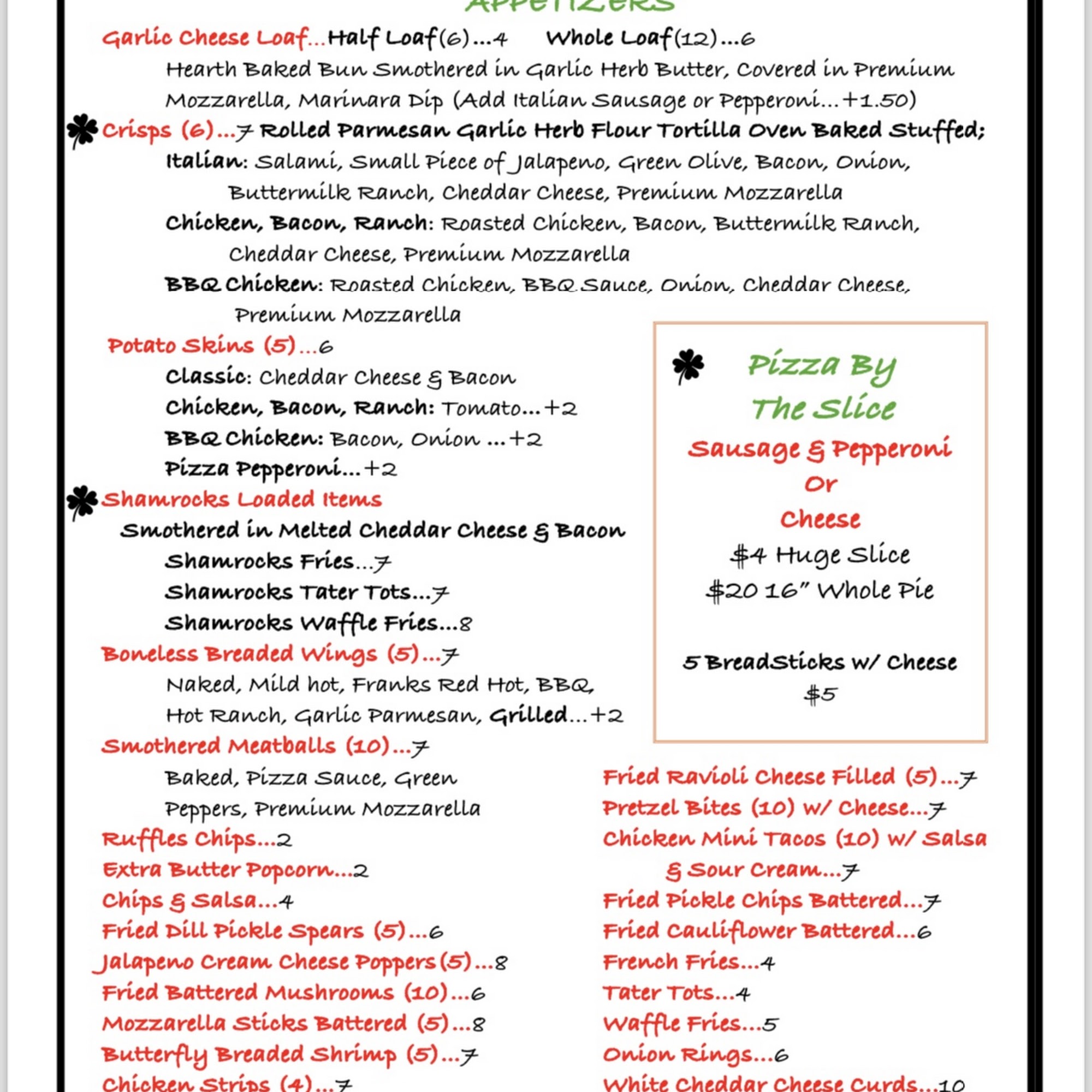 Shamrocks Pub & Grub Menu