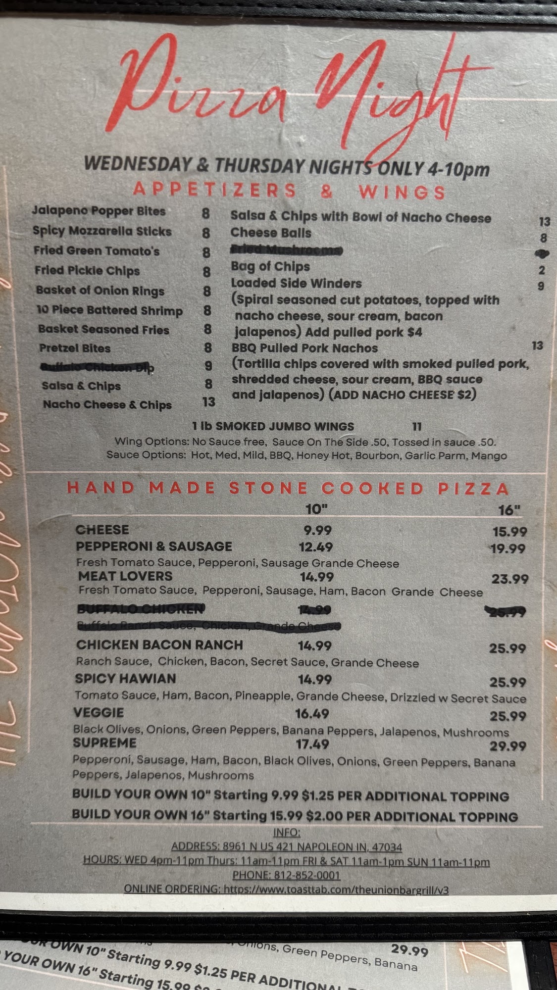 The Union Bar & Grill Menu