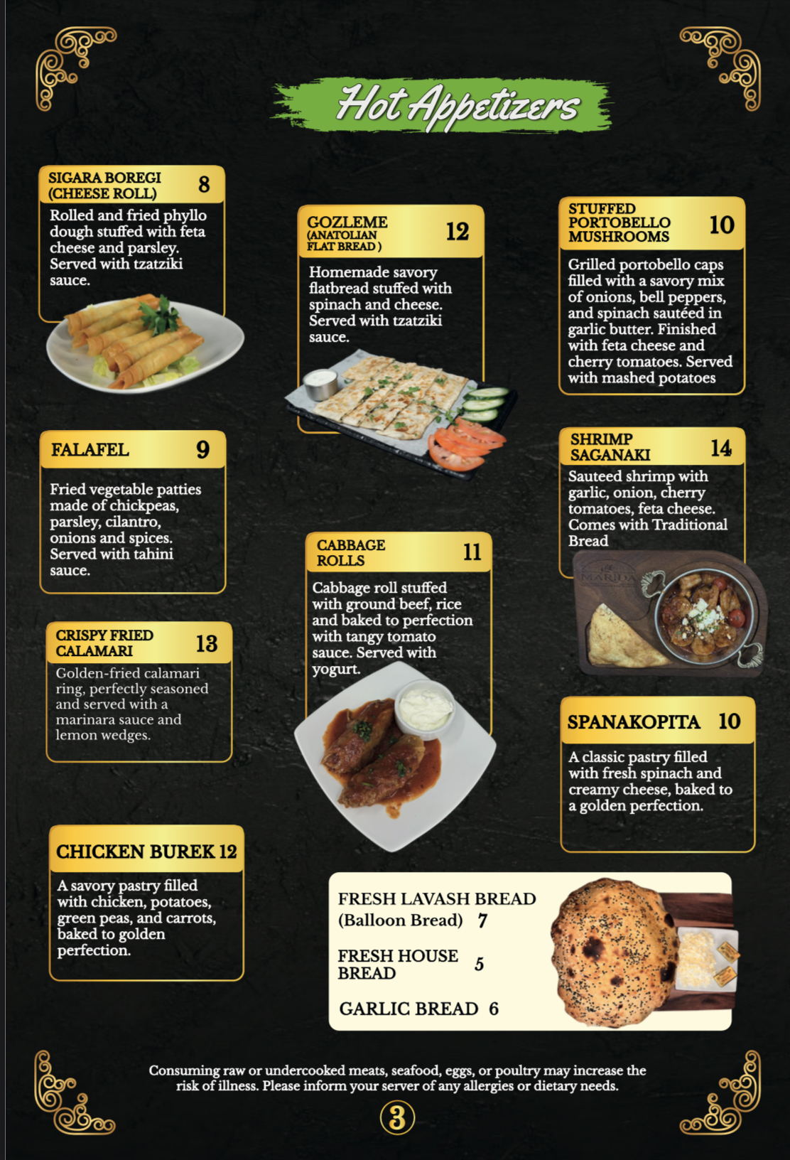 Marida Mediterranean Restaurant Menu